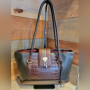 Brighton Vintage Black Leather -  Brown Croc Embossed Shoulder Bag